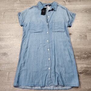 NWT ZILCREMO Blue Chambray Button Down Denim Shirt Dress Short Sleeve Medium